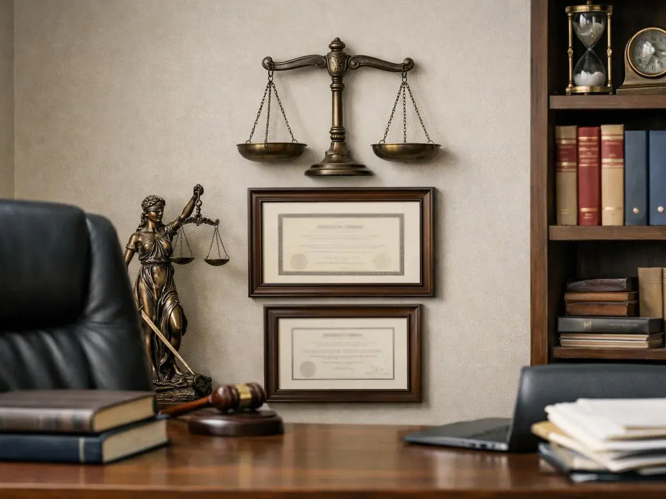 A desk sits before framed certificates, a brass scales sculpture, bookshelves, and a gavel