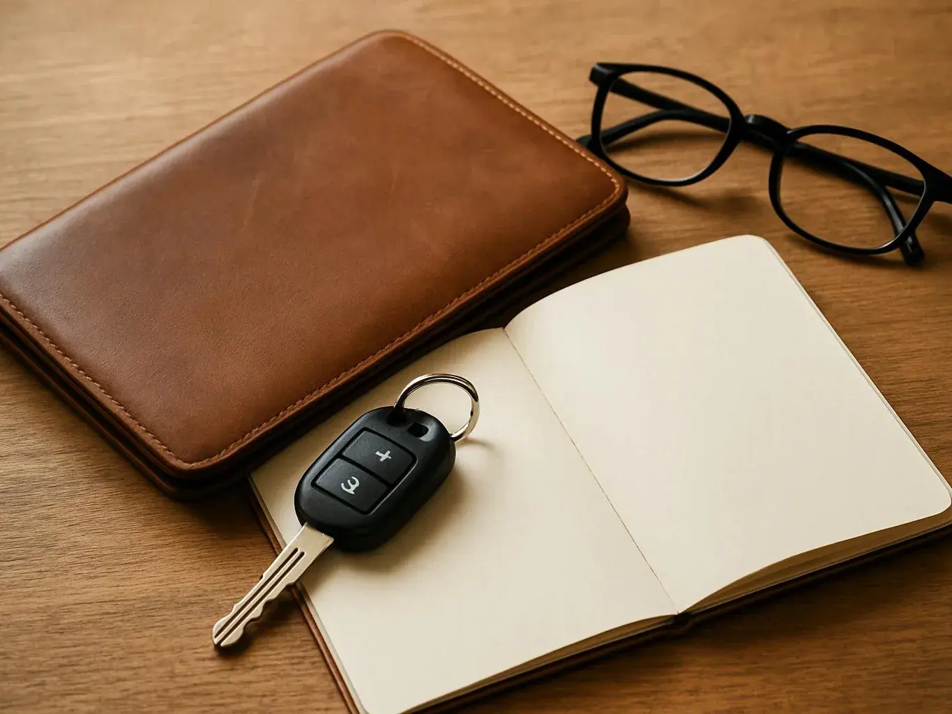 A leather notebook, car key, and black glasses rest on a wooden table