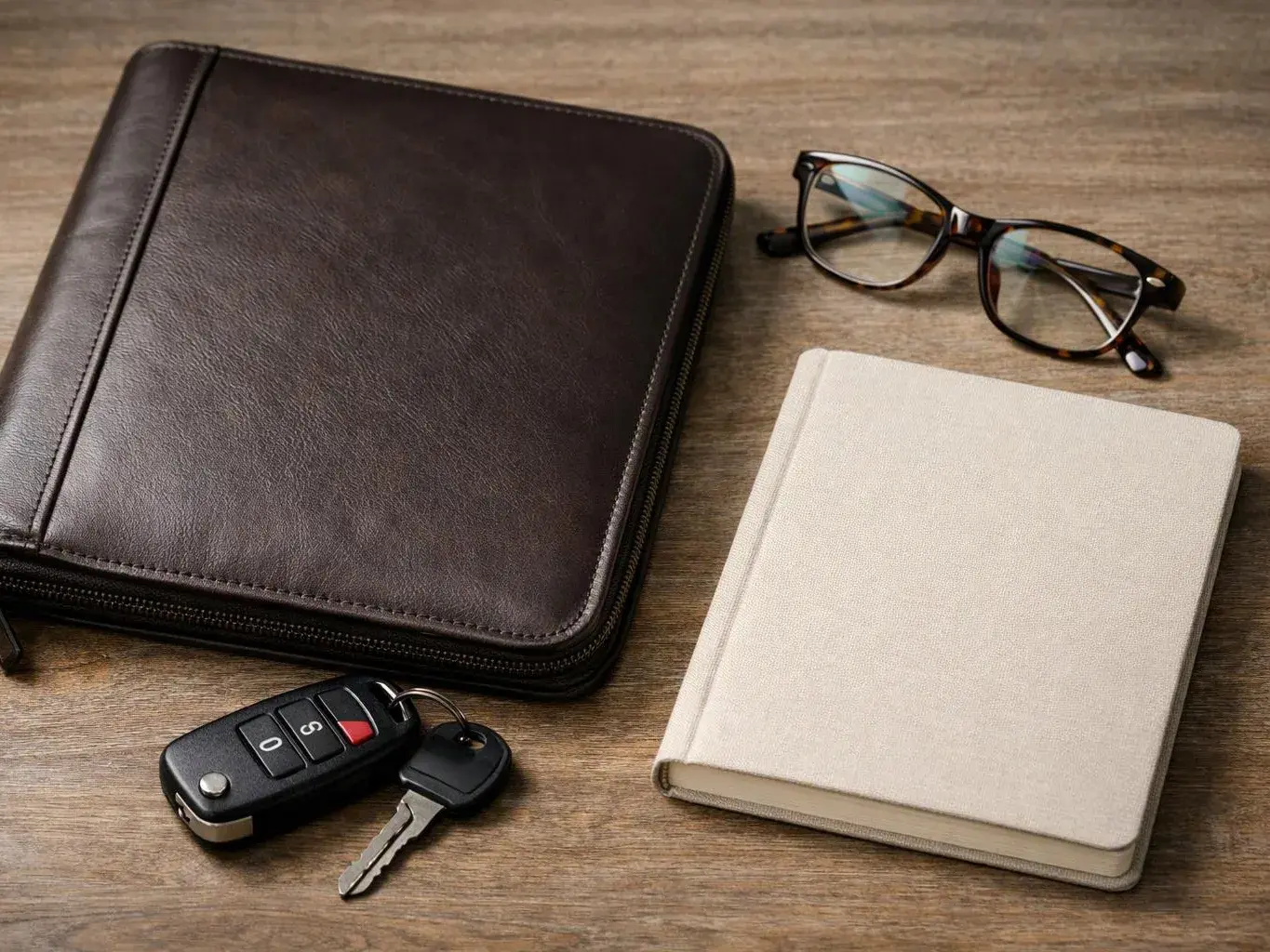 A leather portfolio, eyeglasses, a small notebook, and car keys rest on a wooden table