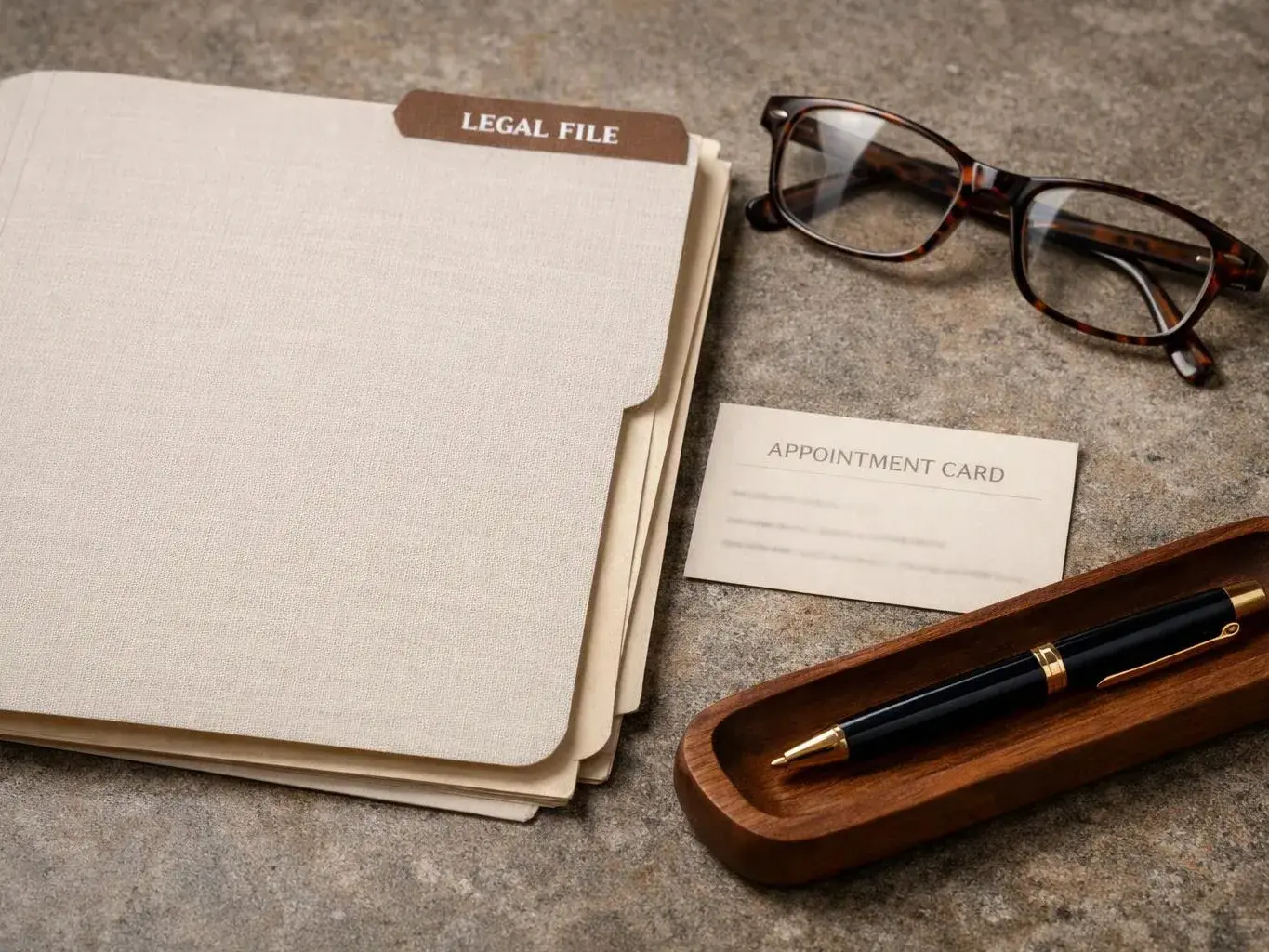 A legal file, eyeglasses, appointment card, and pen rest on a stone surface