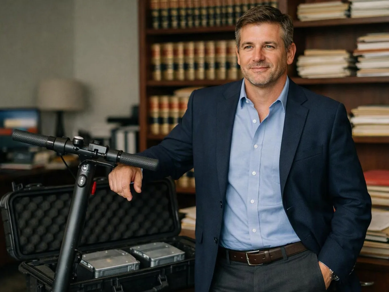 A man in a blazer stands beside an electric scooter and open hard case in a book-lined office