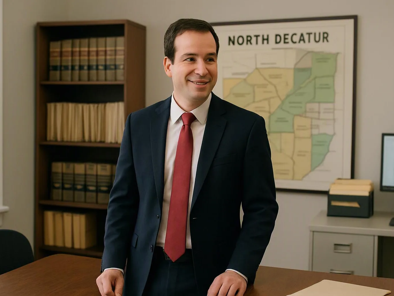 A man in a dark suit and red tie stands by a desk in an office with bookshelves and a wall map