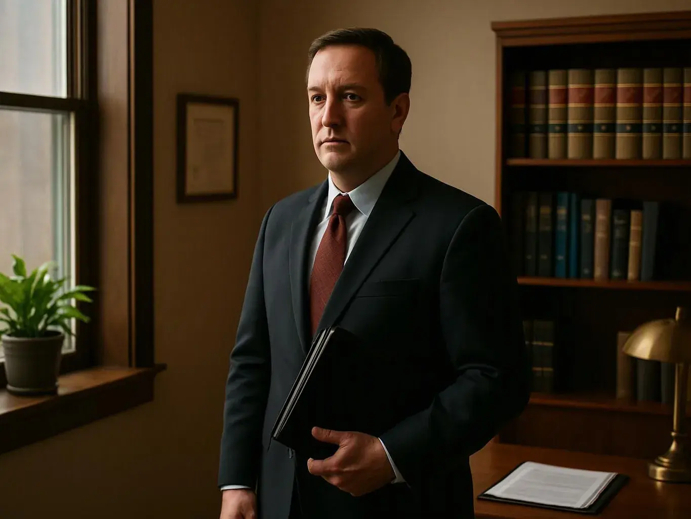 A man in a dark suit stands in an office holding a black folder beside a window and bookshelves
