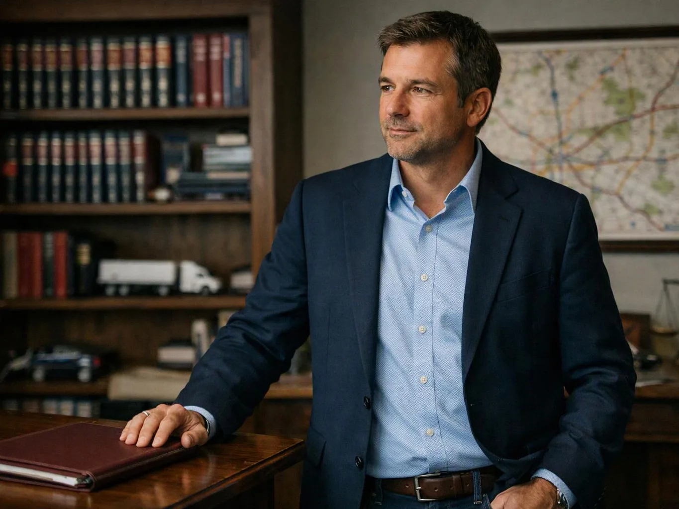 A man in a navy suit stands beside a wooden desk in an office with bookshelves and a wall map