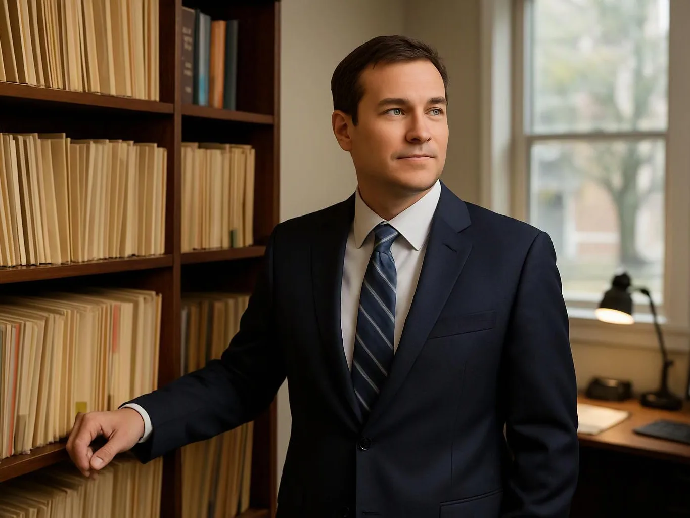 A man in a navy suit stands by file shelves in a quiet office, looking toward a window