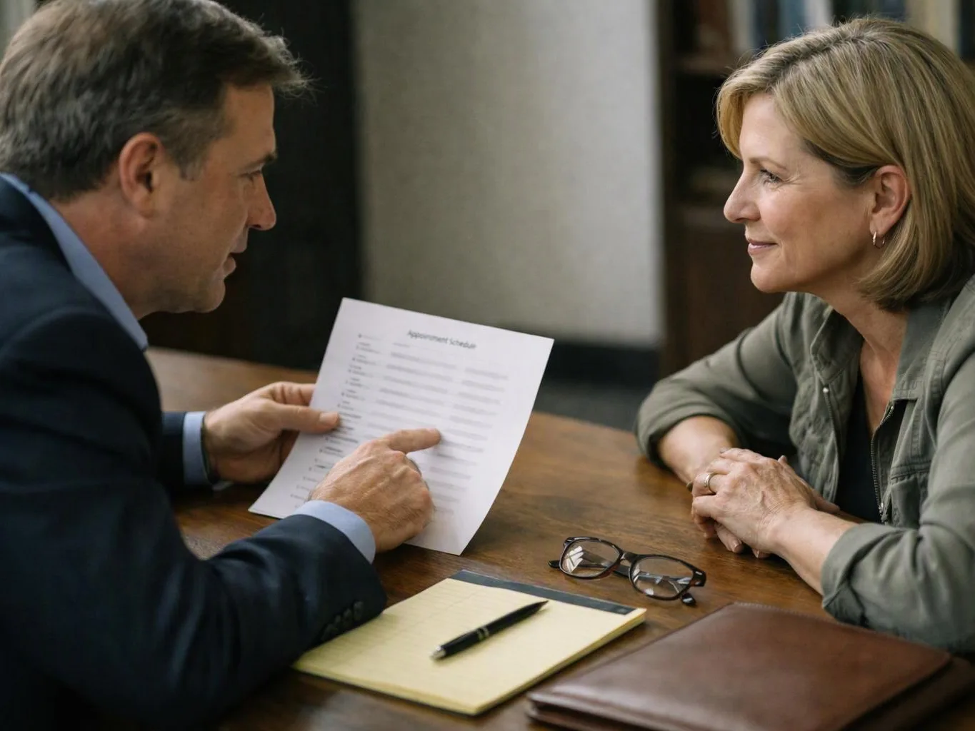 A man points at a printed schedule while talking to a woman across a wooden table