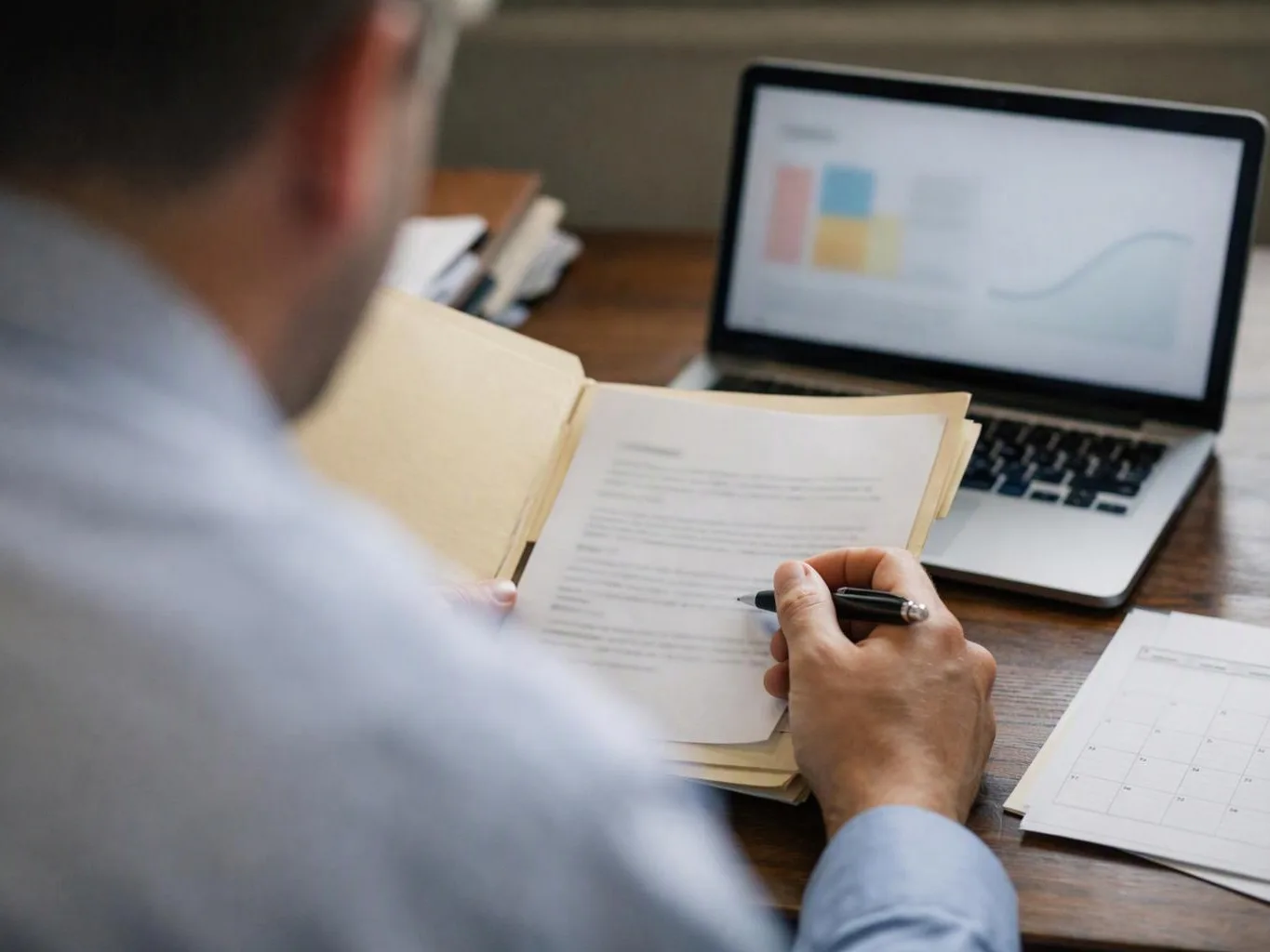 A man reviews papers and writes notes at a desk with a laptop and calendar nearby