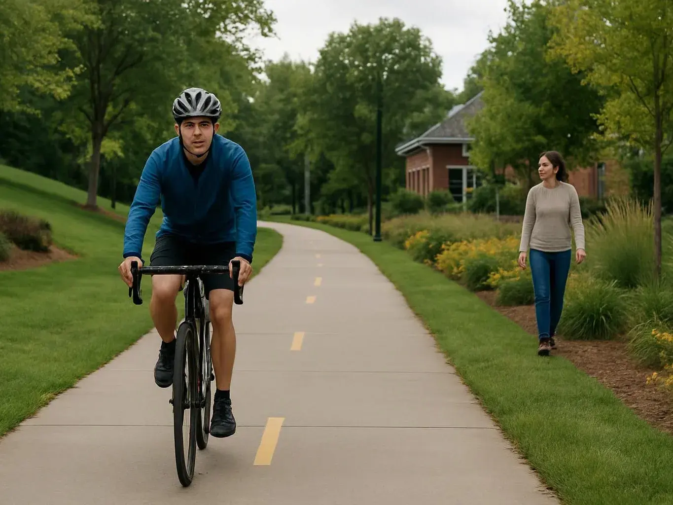 A man rides a bicycle on a tree-lined path while a woman walks nearby beside grass and a brick building