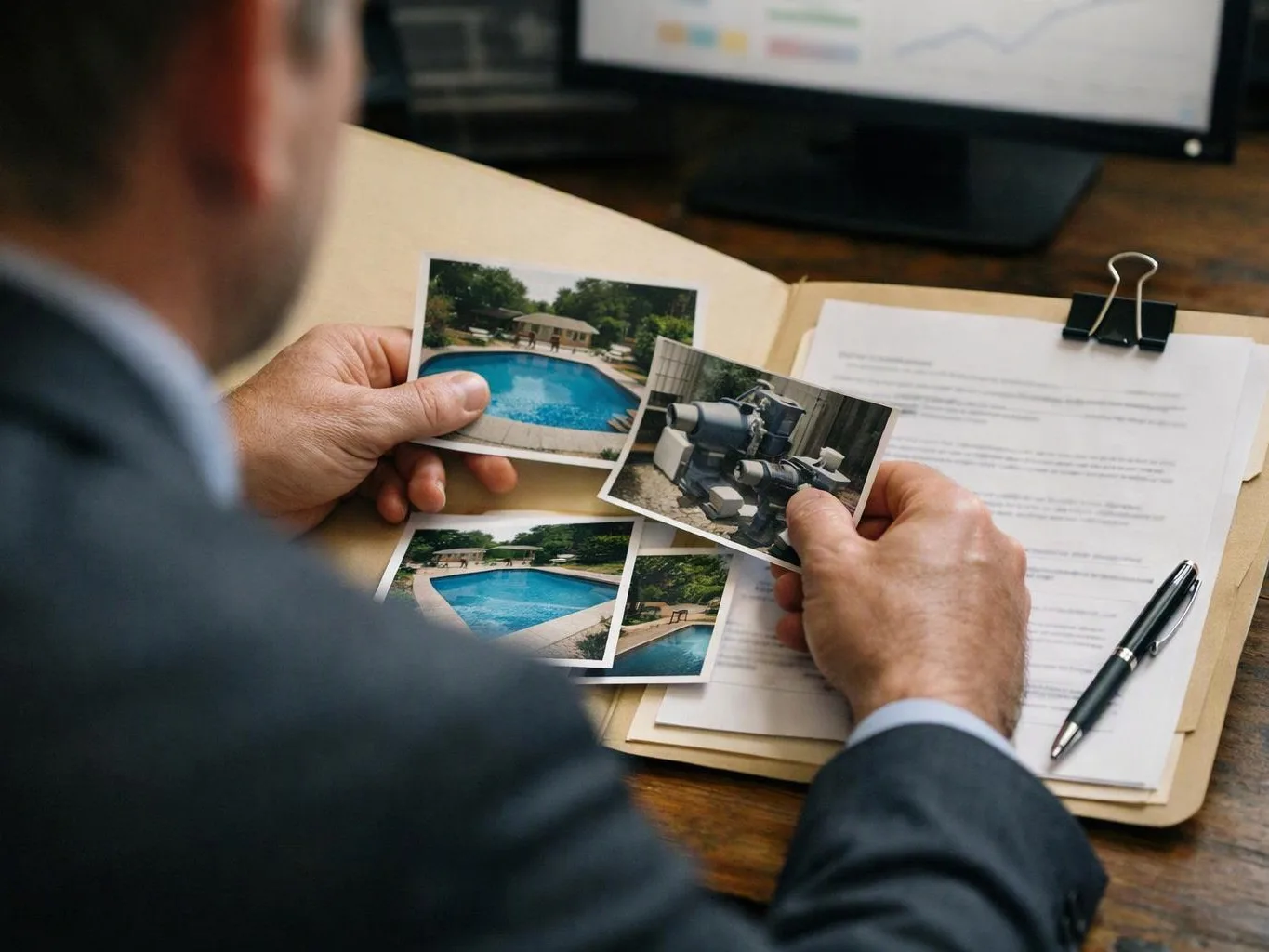 A man in a suit compares printed pool photos and a mechanical image over papers on a desk