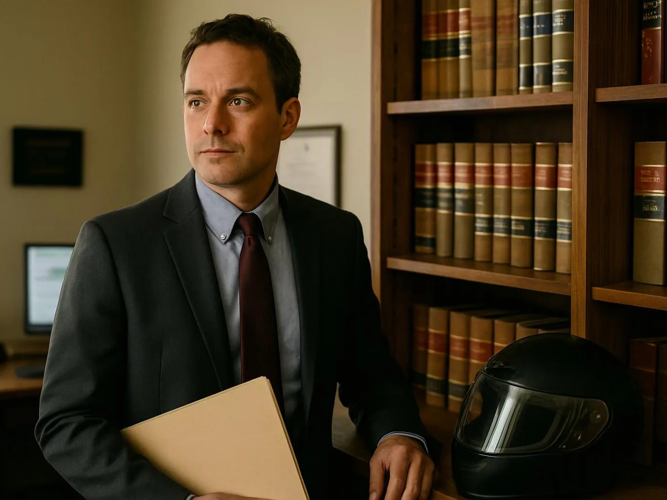 A man in a suit holds a folder beside bookshelves and a black motorcycle helmet in an office