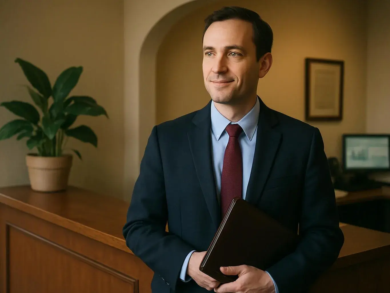 A man in a suit holds a folder in a warm office lobby with a potted plant and framed pictures