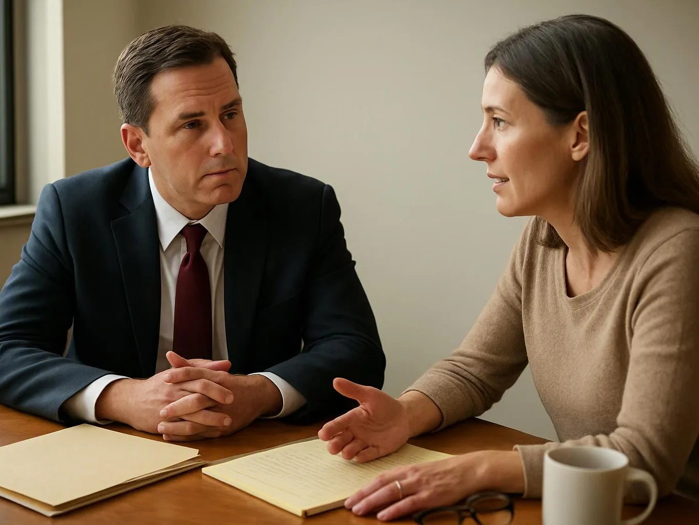 A man in a suit listens to a woman gesturing across a table with papers and a mug