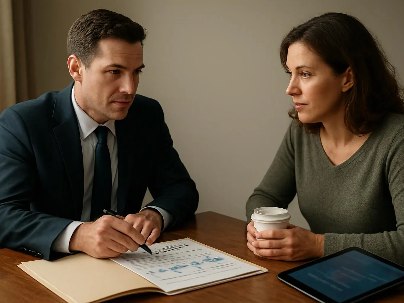 A man in a suit reviews papers with a woman holding a cup at a table with a tablet