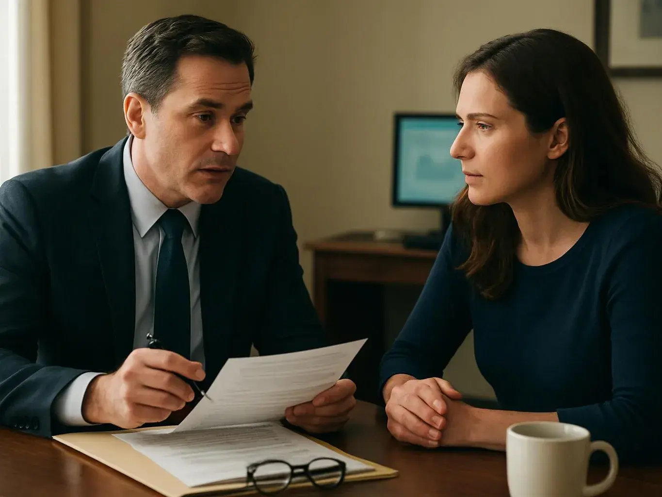 A man in a suit shows a paper to a woman across a desk in a quiet office
