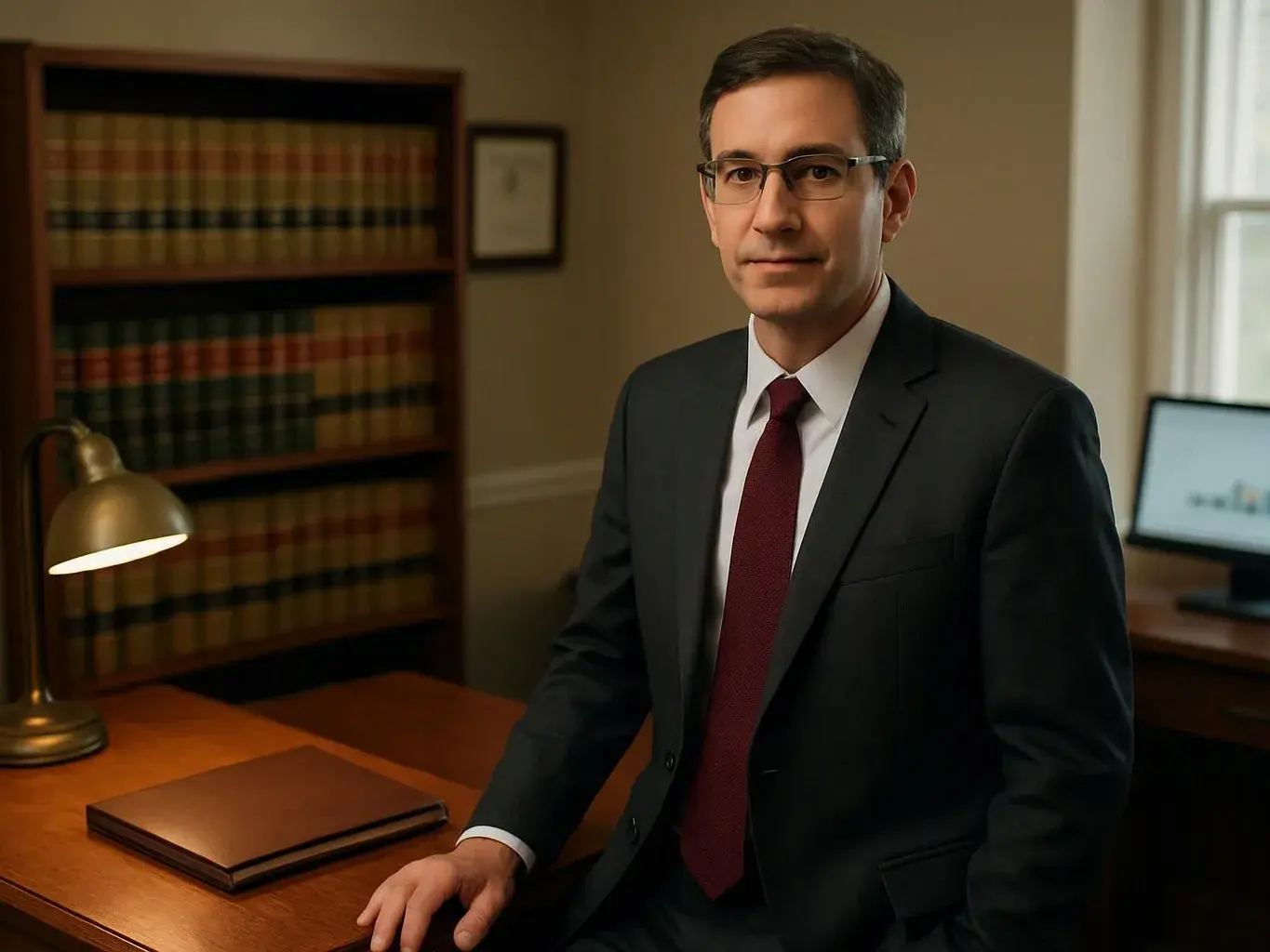 A man in a suit sits at a desk in a with bookshelves and a lamp behind him