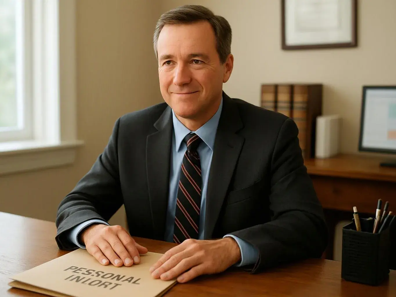 A man in a suit sits at a desk, resting his hands on a folder labeled “PERSONAL INJORT”