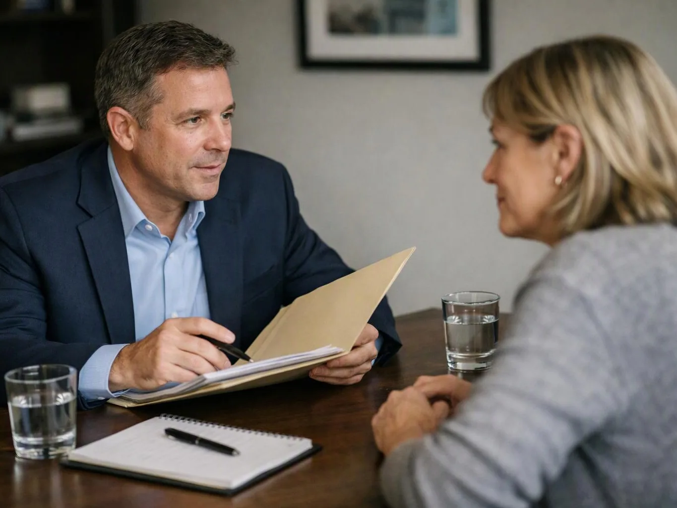 A man in a suit speaks across a table to a woman while holding a folder and pen in a meeting room