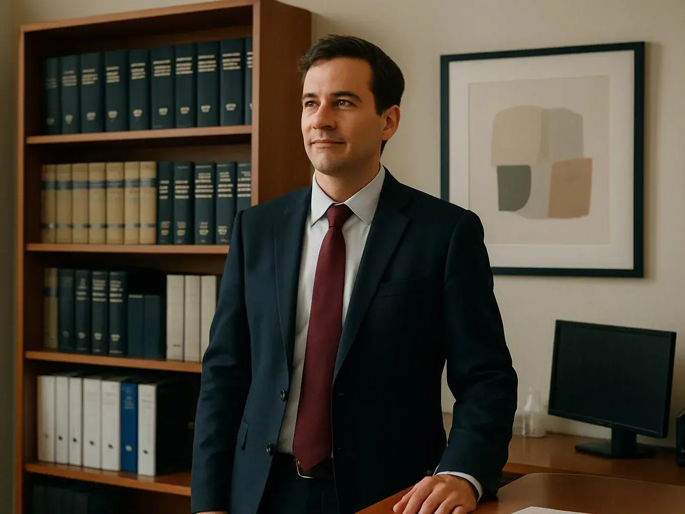 A man in a suit stands by a desk in a book-lined office, with a monitor and framed art behind him