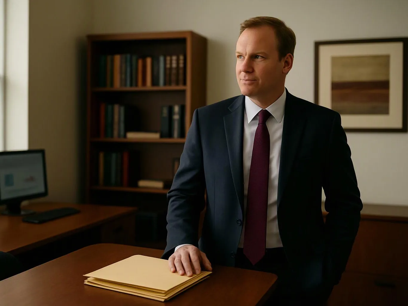 A man in a suit stands by a desk with manila folders in a quiet office