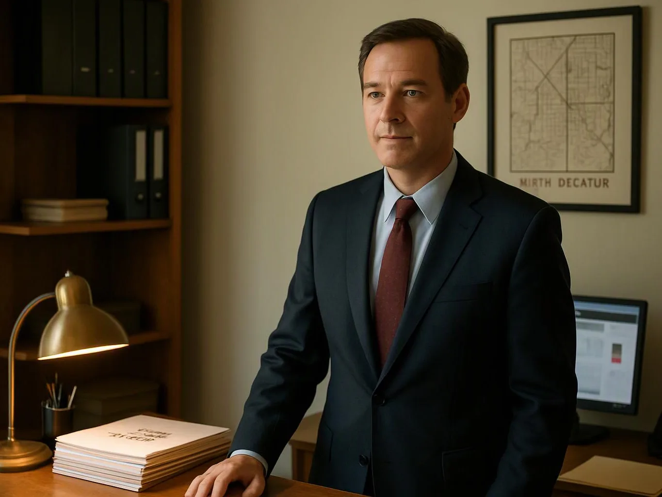 A man in a suit stands at a desk in a tidy office with books, lamp, computer, and framed map print