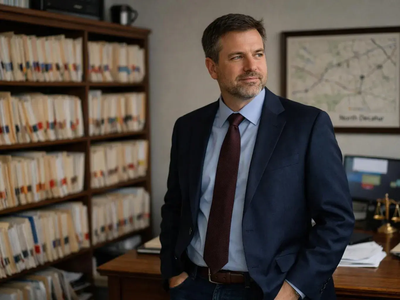 A man in a suit stands in an office beside shelves of file folders and a framed map