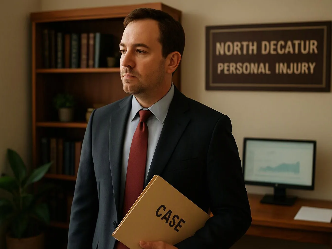 A man in a suit stands in an office holding a file folder labeled "CASE"
