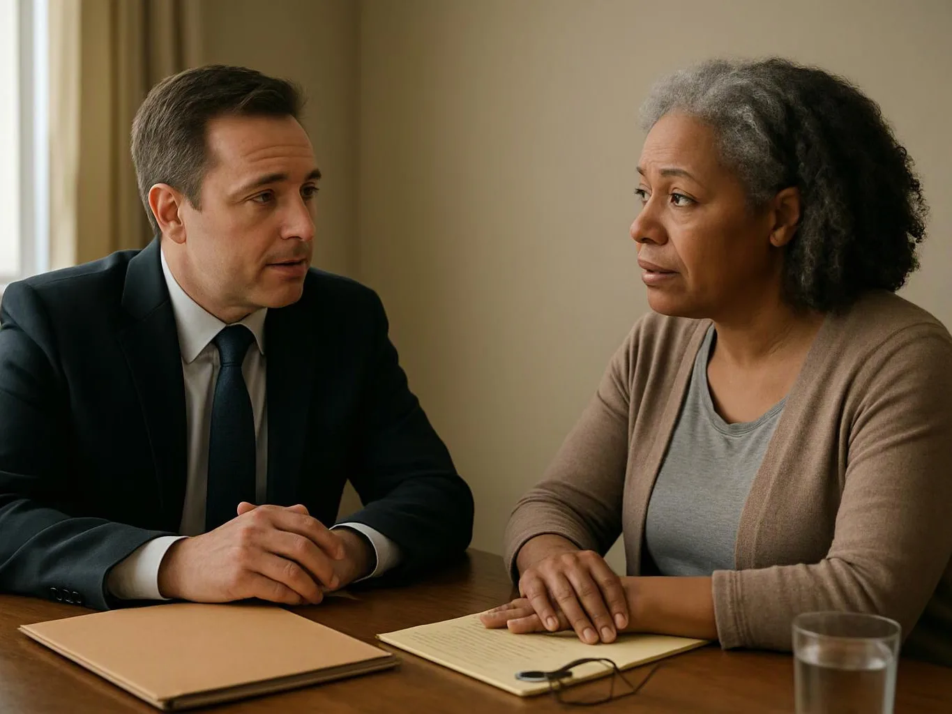 A man in a suit talks across a table with a woman holding papers in a quiet room