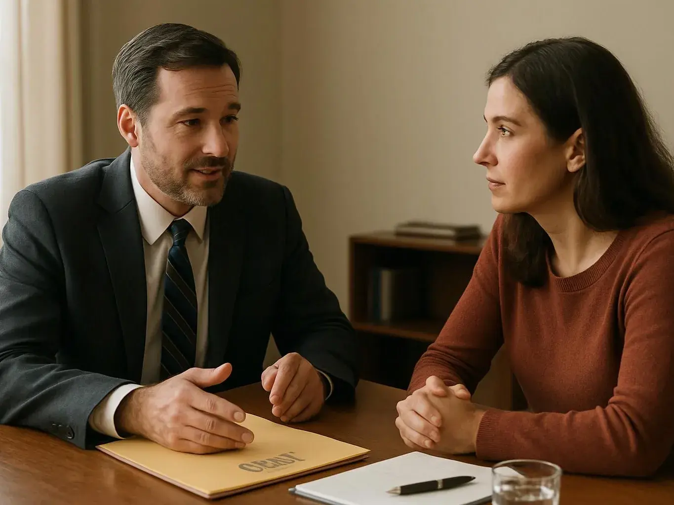 A man in a suit talks across a table to a woman in a sweater, with papers and a pen between them