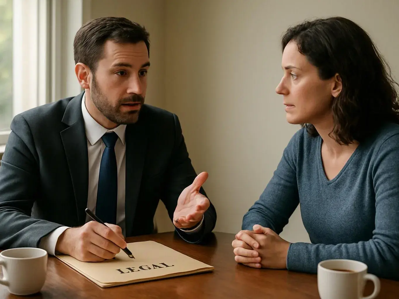 A man in a suit talks while pointing at a folder, across from a woman at a table with coffee mugs