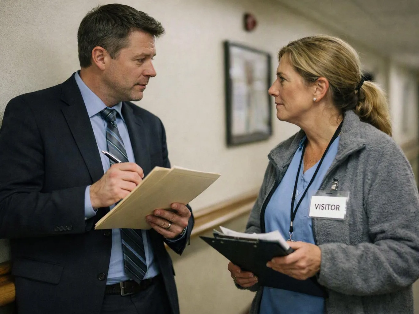 A man in a suit talks with a woman holding a clipboard in a hallway, and her badge reads "VISITOR"