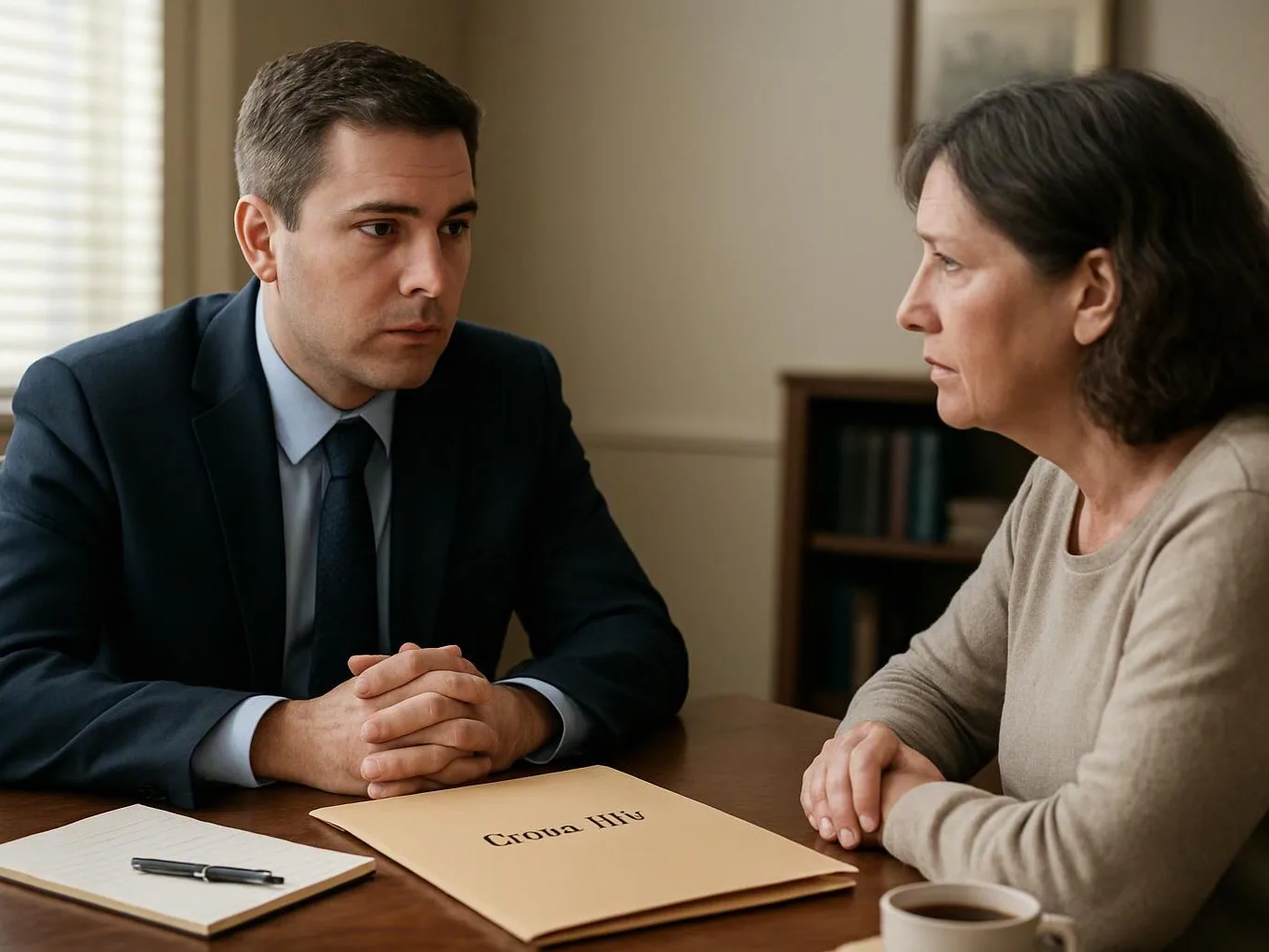 A man in a suit and a woman sit across a table in a serious meeting, with papers and a coffee mug between them