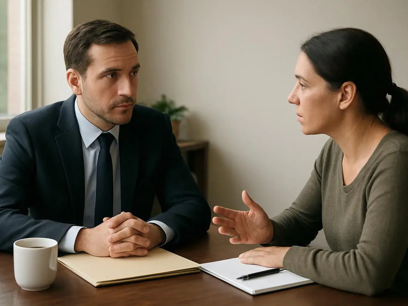 A man in a suit and a woman talk across a table with notebooks and a coffee mug in a plain office