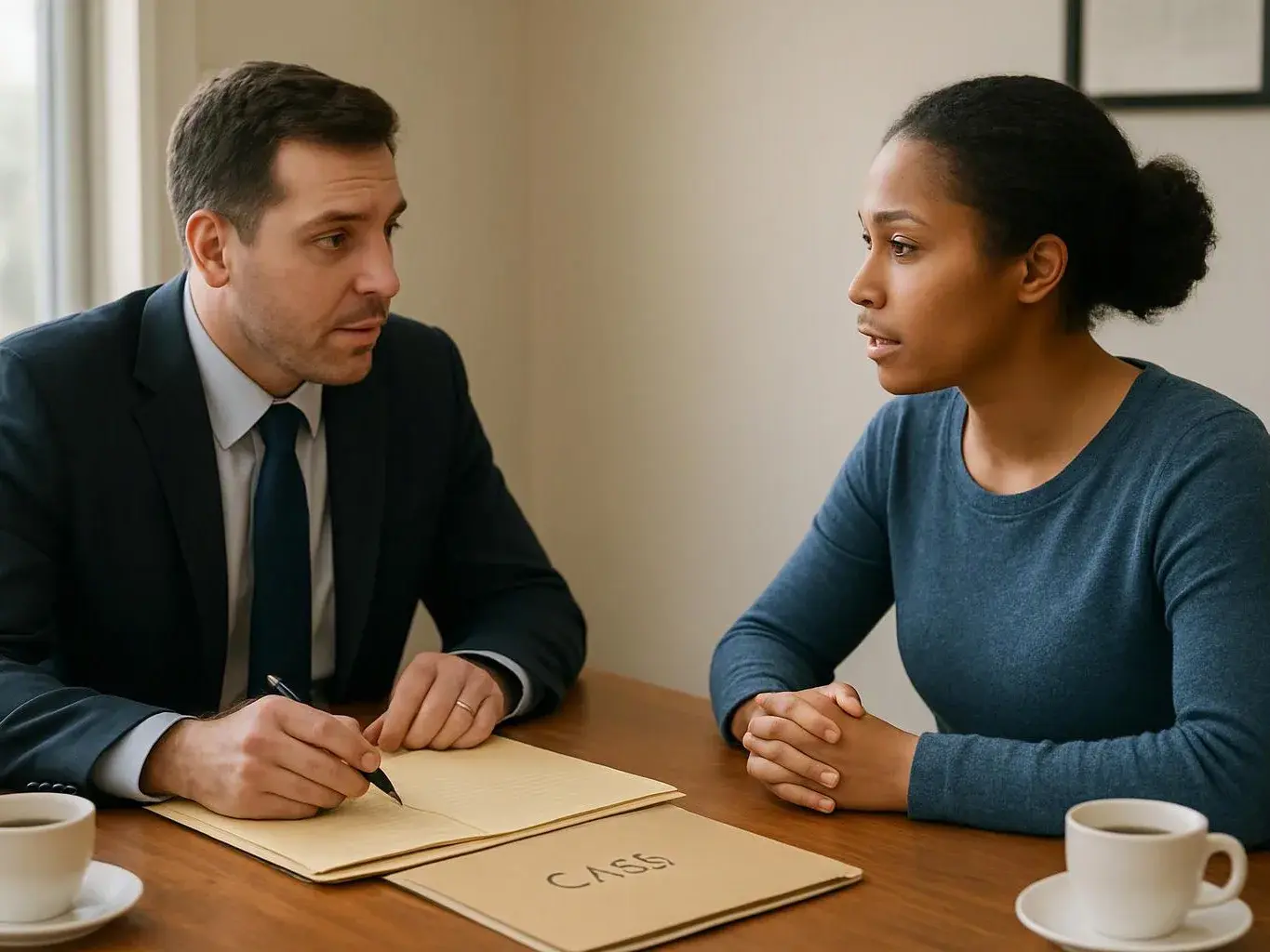 A man in a suit writes on a folder while facing a woman across a table with coffee cups and papers