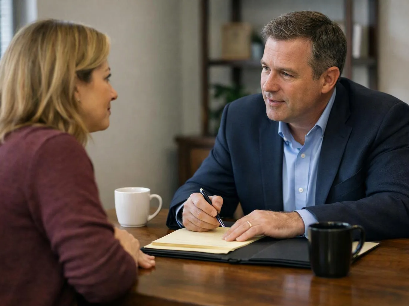 A man in a suit writes in a notebook while talking with a woman across a wooden table in an office