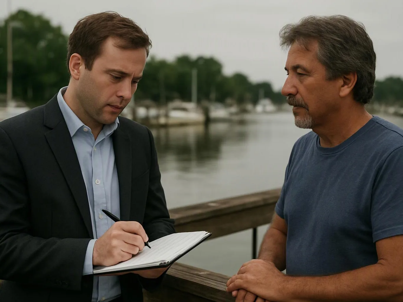 A man in a suit writes notes while talking with another man by a dock on calm water