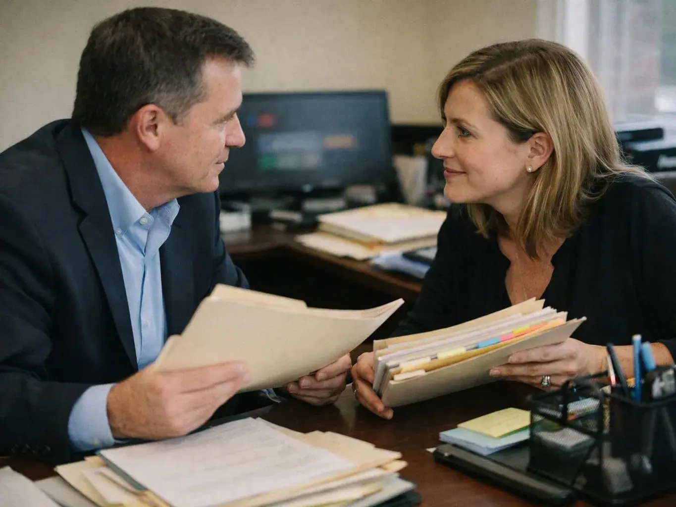 A man and woman in business clothes lean over a desk, reviewing folders and papers in an office