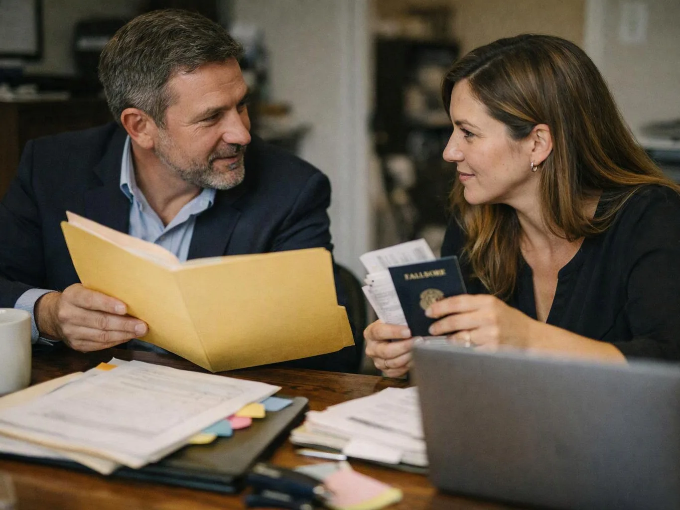 A man and woman sit at a table, reviewing papers and a passport together in a home office