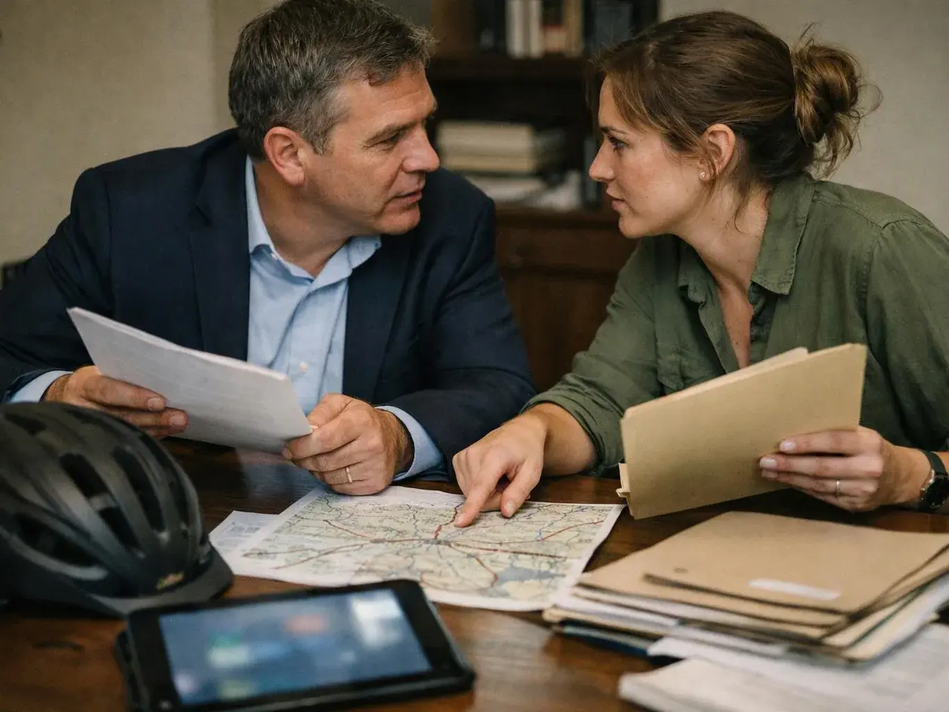 A man and woman study papers and a map at a table, with a helmet and tablet nearby