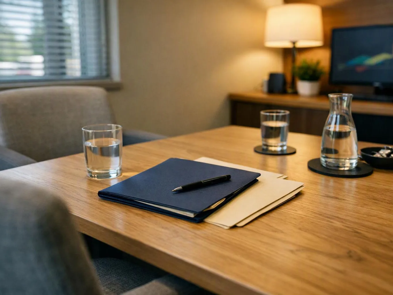 A neat office table holds folders, a pen, water glasses, and a carafe beside a lamp and monitor