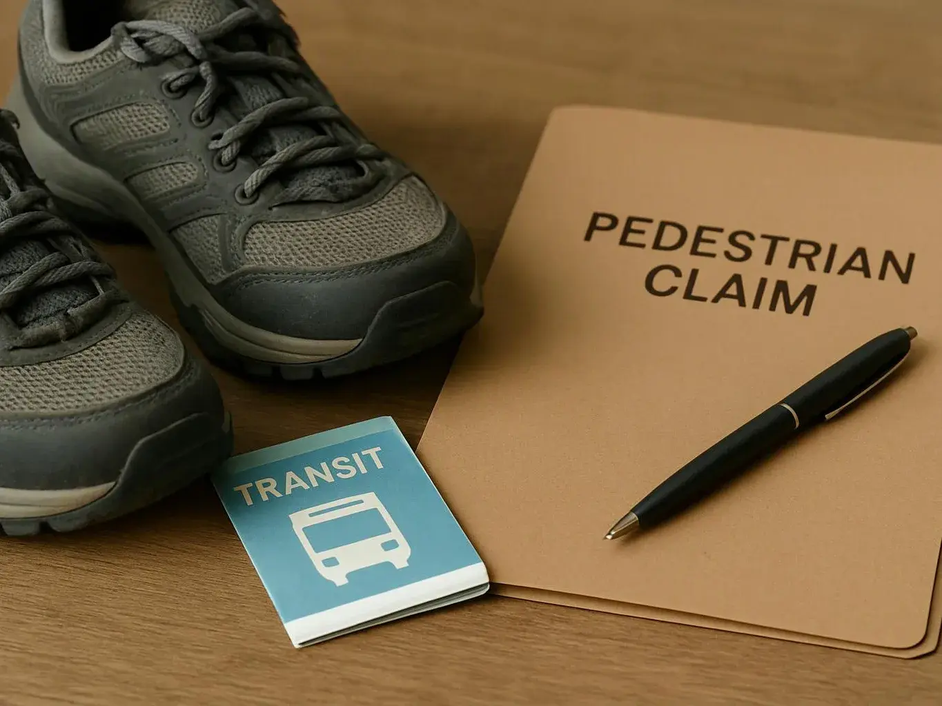A pair of gray sneakers sits beside a transit card, a pen, and a folder labeled pedestrian claim on a table