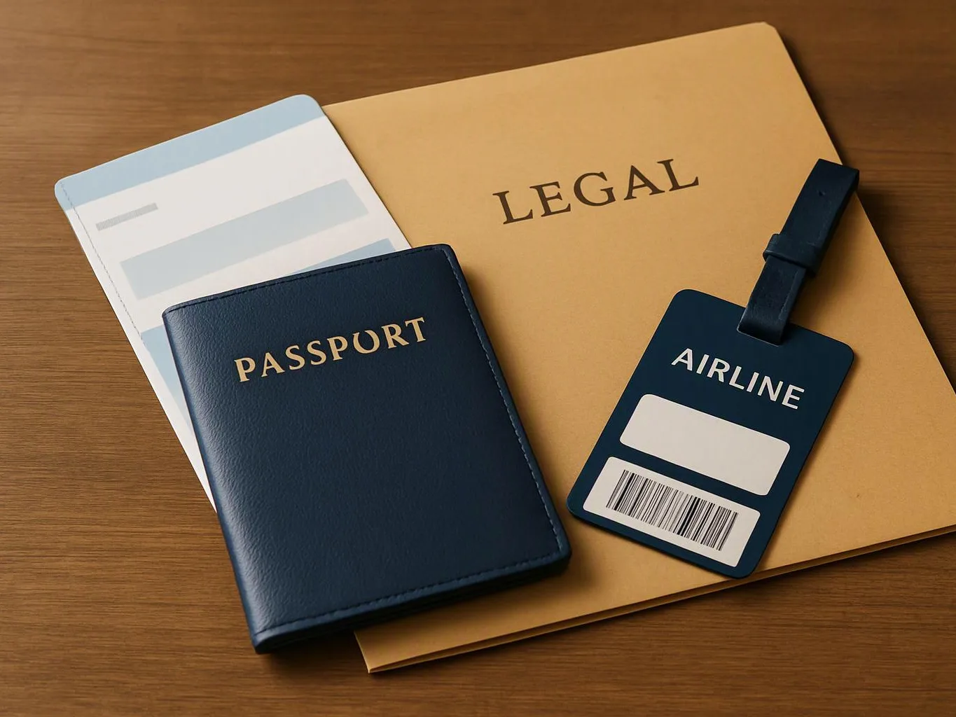 A passport, legal folder, and airline luggage tag sit on a wooden desk