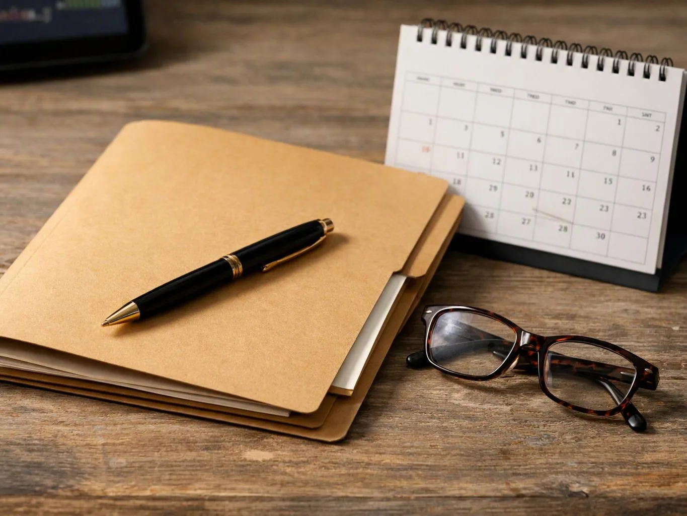 A pen rests on a folder beside a desk calendar and eyeglasses on a wooden table