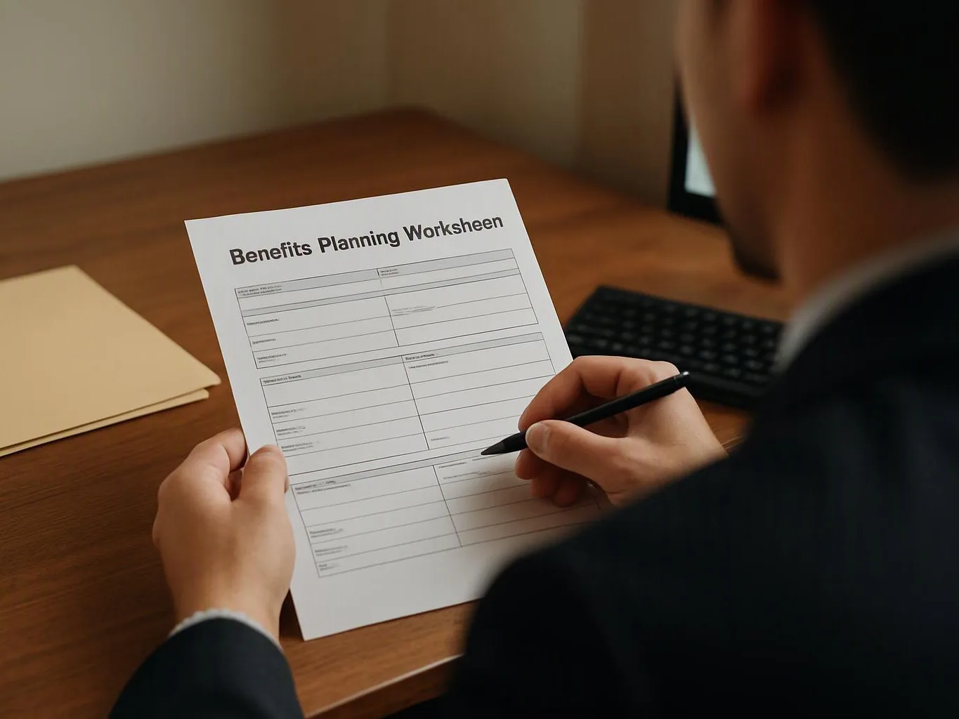 A person at a desk fills out a Benefits Planning Worksheet while holding a pen