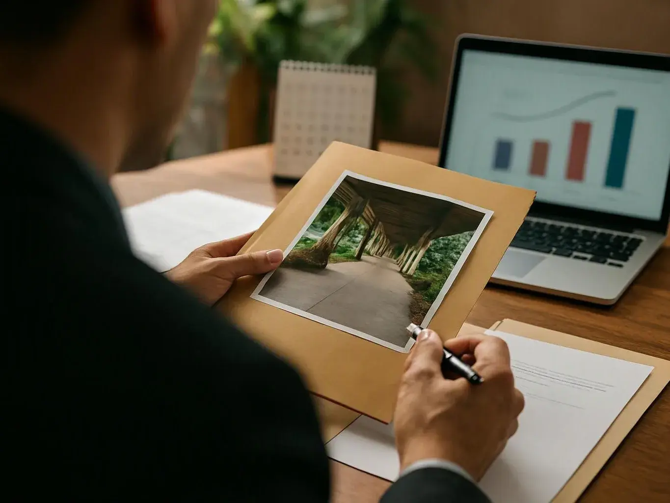 A person at a desk reviews a photo in a folder beside a laptop showing a bar chart
