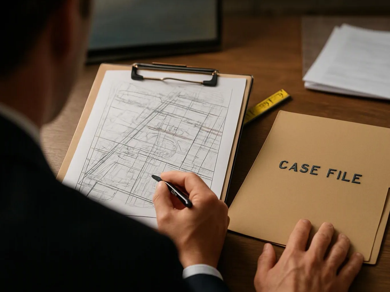 A person at a desk sketches on a clipboard beside a folder labeled “CASE FILE”