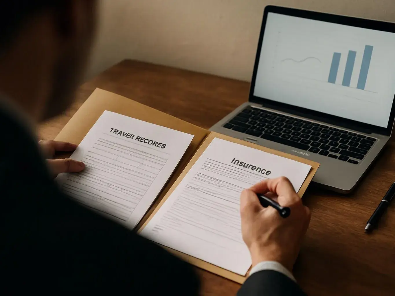 Person filling out insurance and travel records beside a laptop showing a bar chart