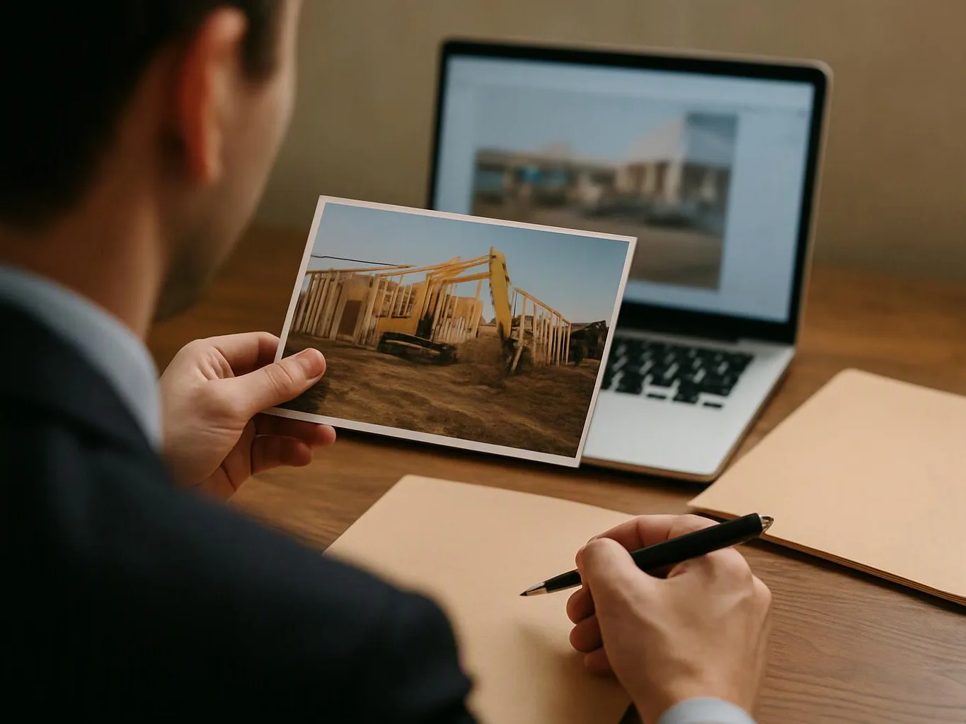 A person holds a construction photo and writes on a notepad beside a laptop on a desk