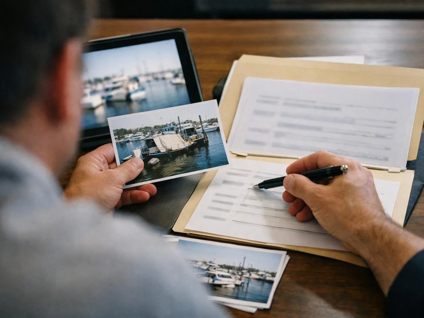 A person holds a marina photo while signing papers beside a tablet on a desk