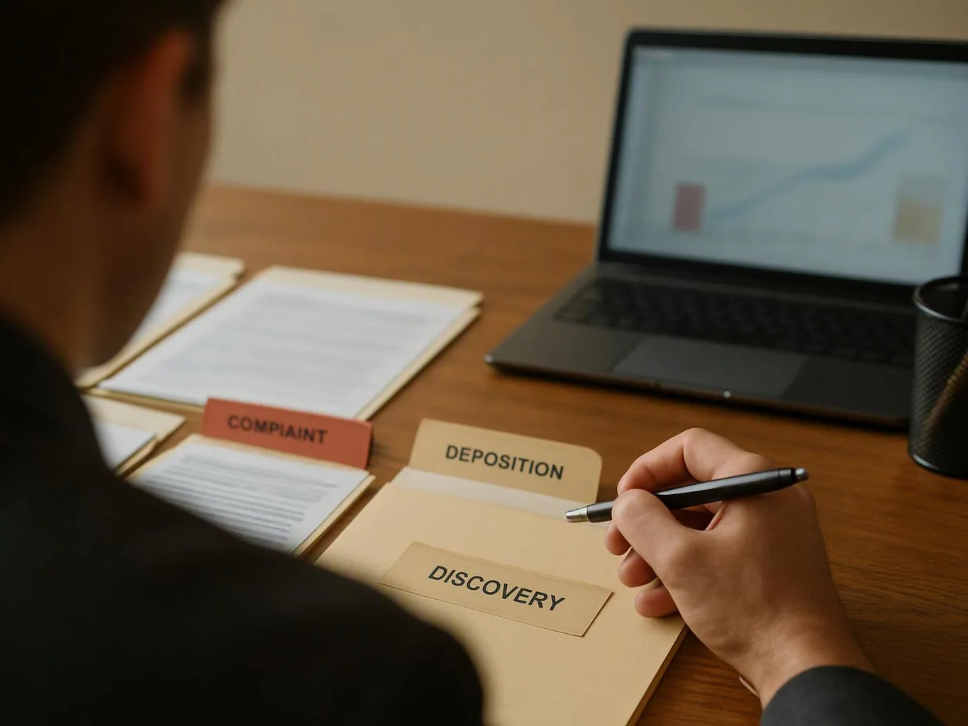 A person holds a pen over labeled legal folders on a desk beside a laptop and papers