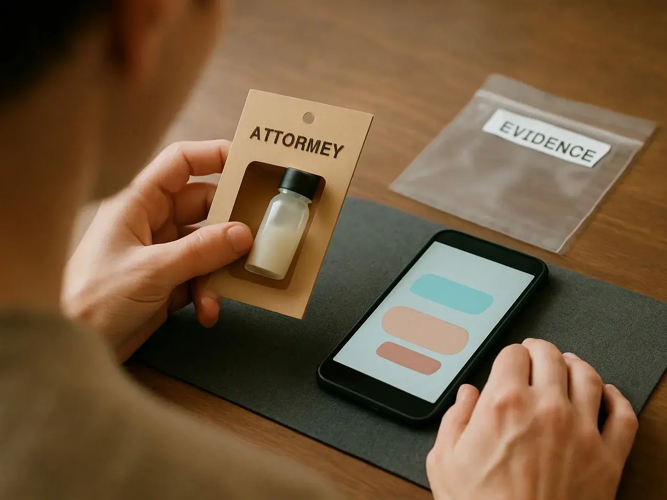 A person holds a small vial package labeled "ATTORMEY" beside a phone and an evidence bag on a desk